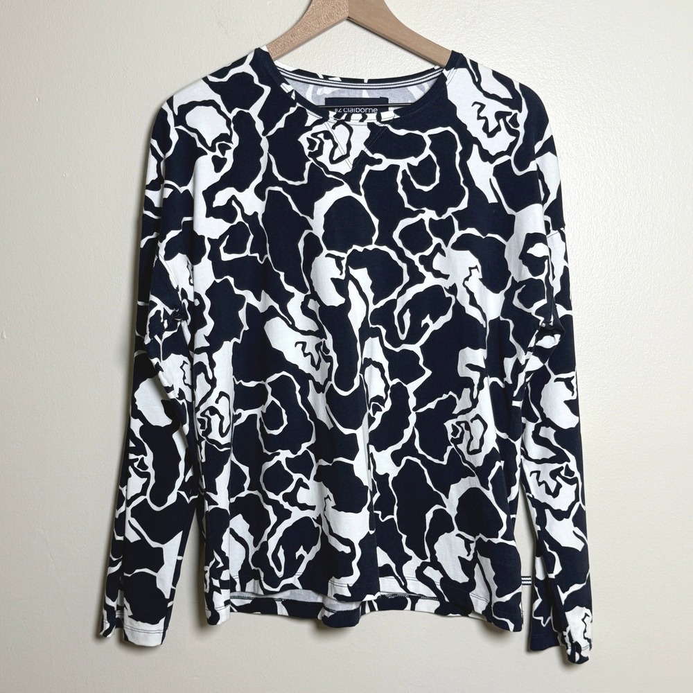 Liz Claiborne Womens XL Blue White Abstract Floral Top Crewneck Nautical Preppy